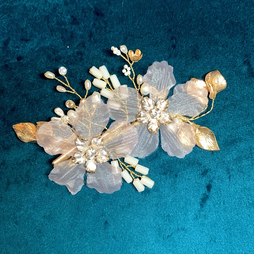 Delicate Blossom Bridal Wedding Hair Clip in gold with sheer blush fabric petals